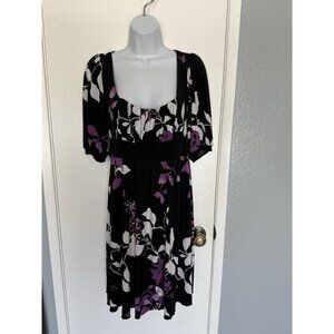 Speechless Women’s Black Dress Purple Floral Leaf Puff Sleeve Size XL Stretch